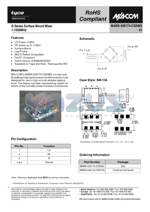 MAMX-008174-CXD860 datasheet - E-Series Surface Mount Mixer 1-1000MHz