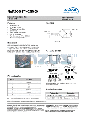 MAMX-008174-CXD860 datasheet - E-Series Surface Mount Mixer 1 to 1000 MHz