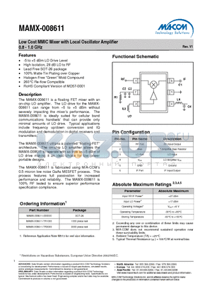 MAMX-008611 datasheet - Low Cost MMIC Mixer with Local Oscillator Amplifier 0.8 - 1.0 GHz