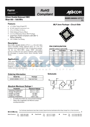 MAMX-090950-1277LT datasheet - Silicon Double Balanced HMIC Mixer 850 - 1050 MHz