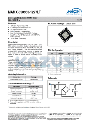 MAMX-090950-1277LT datasheet - Silicon Double Balanced HMIC Mixer 850 - 1050 MHz