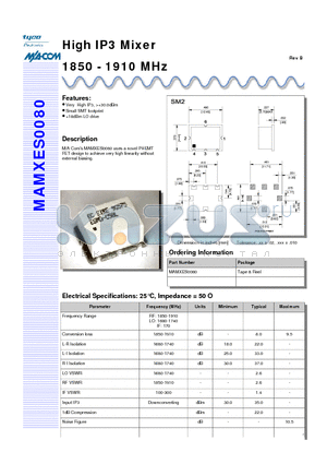 MAMXES0080 datasheet - High IP3 Mixer 1850 - 1910 MHz