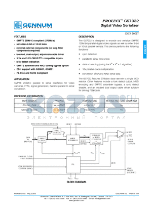 GS7032-CVME3 datasheet - Digital Video Serializer