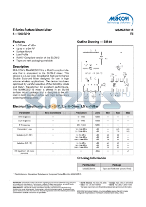 MAMXES0115 datasheet - E-Series Surface Mount Mixer 5 - 1000 MHz