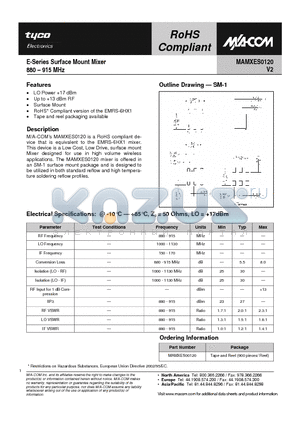 MAMXES0120 datasheet - E-Series Surface Mount Mixer 880 - 915 MHz