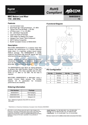 MAMXSS0010TR datasheet - MMIC Medium Level Mixer 1700 - 2000 MHz