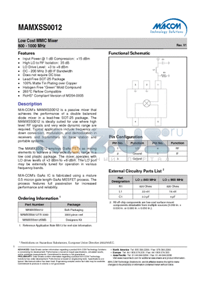 MAMXSS0012 datasheet - Low Cost MMIC Mixer 800 - 1000 MHz