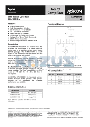 MAMXSS0011SMB datasheet - MMIC Medium Level Mixer 800 - 1000 MHz