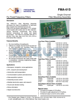 FMA-01S datasheet - Single Channel Filter Mounting Assembly