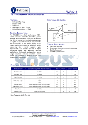 FMA3011 datasheet - 12.7-16GHZ MMIC POWER AMPLIFIER