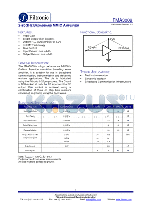 FMA3009 datasheet - 2-20GHZ BROADBAND MMIC AMPLIFIER