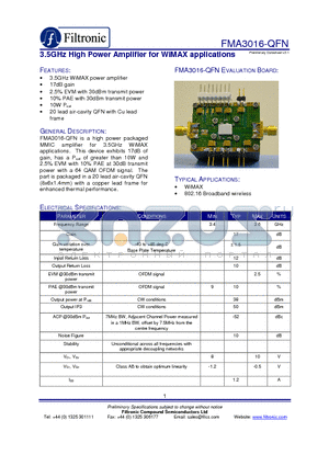 FMA3016-QFN datasheet - 3.5GHz High Power Amplifier for WiMAX applications