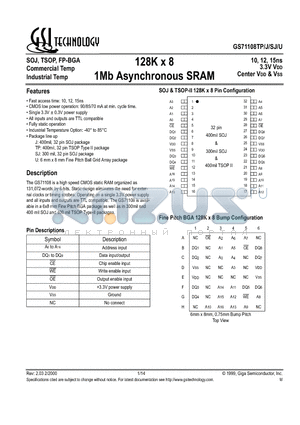 GS71108J-10 datasheet - 128K x 8 1Mb Asynchronous SRAM