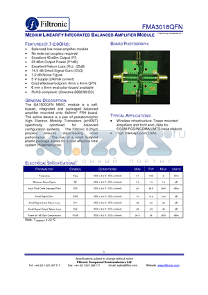 FMA3018QFN datasheet - MEDIUM LINEARITY INTEGRATED BALANCED AMPLIFIER MODULE