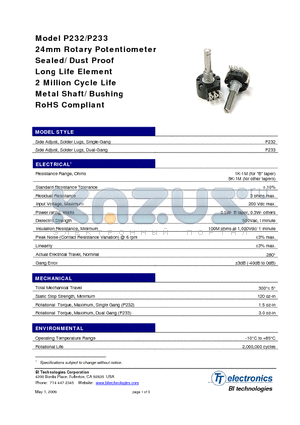 P233 datasheet - 24mm Rotary Potentiometer Sealed/ Dust Proof Long Life Element 2 Million Cycle Life Metal Shaft/ Bushing RoHS Compliant