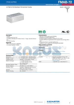 FMAB-72 datasheet - AC Filter for PCB Mounting in Flat Aluminum Housing