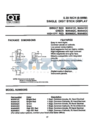 MAN413C datasheet - 0.39 INCH (9.9MM) SINGLE DIGIT STICK DISPLAY