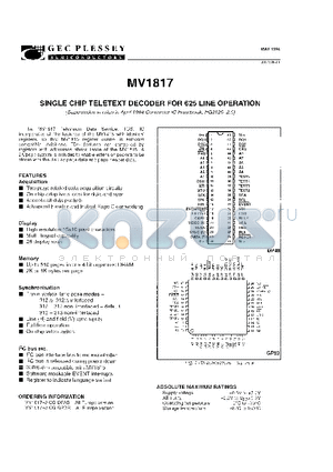 MV1817 datasheet - SINGLE CHIP TELETEXT DECORDER FOR 625 LINE OPERATION