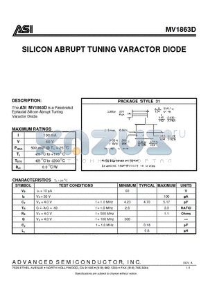 MV1863D datasheet - SILICON ABRUPT TUNING VARACTOR DIODE
