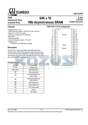 GS71216TP-10I datasheet - 64K x 16 1Mb Asynchronous SRAM