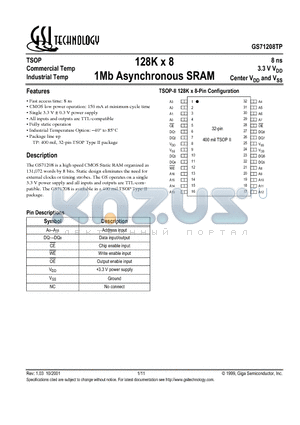 GS71208TP datasheet - 128K x 8 1Mb Asynchronous SRAM