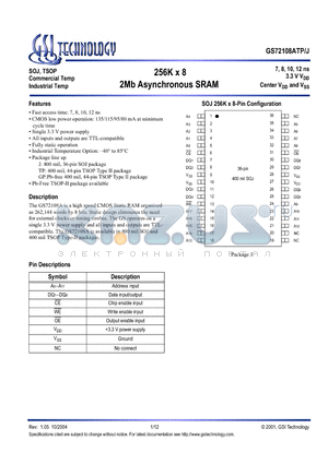 GS72108AJ-8 datasheet - 256K x 8 2Mb Asynchronous SRAM