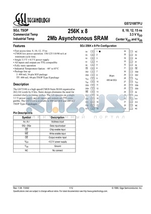 GS72108J-12I datasheet - 256K x 8 2Mb Asynchronous SRAM