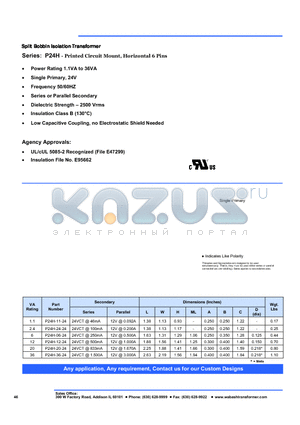 P24H-11-24 datasheet - Split Bobbin Isolation Transformer