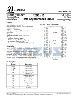 GS72116AJ-10I datasheet - 128K x 16 2Mb Asynchronous SRAM
