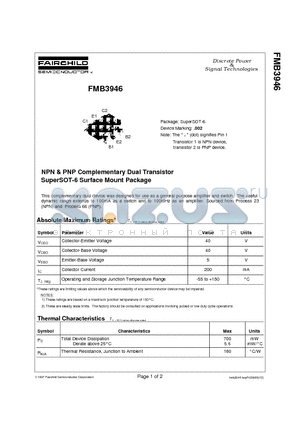 FMB3946 datasheet - NPN & PNP Complementary Dual Transistor SuperSOT-6 Surface Mount Package