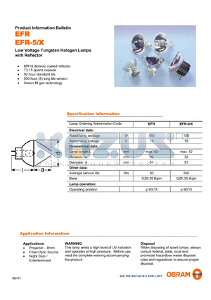 EFR datasheet - Low Voltage Tungsten Halogen Lamps with Reflector