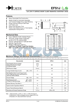 EFS1J datasheet - 1.0A LOW VF SURFACE MOUNT GLASS PASSIVATED SUPERFAST DIODE