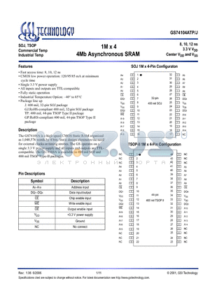 GS74104AGP-10 datasheet - 1M x 4 4Mb Asynchronous SRAM