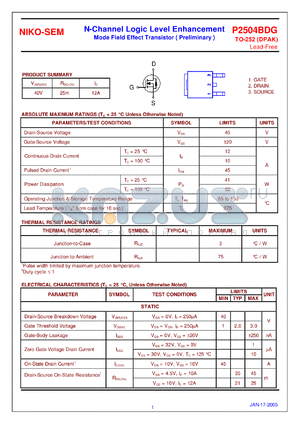 P2504BDG datasheet - N-Channel Logic Level Enhancement Mode Field Effect Transistor ( Preliminary )