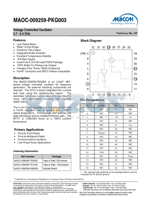 MAOC-009259-PKG003 datasheet - Voltage Controlled Oscillator 5.7 - 6.4 GHz