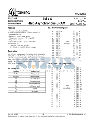 GS74104TP-15 datasheet - 1M x 4 4Mb Asynchronous SRAM