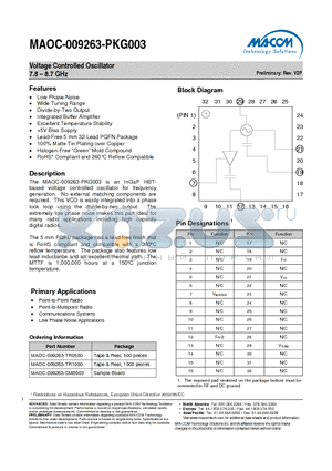MAOC-009263-PKG003 datasheet - Voltage Controlled Oscillator 7.8 - 8.7 GHz