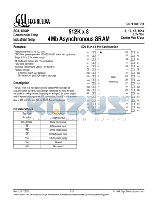 GS74108TP-10I datasheet - 512K x 8 4Mb Asynchronous SRAM