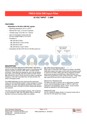 FMCE-0328 datasheet - Attenuation to 60 db at 500 kHz, typical Operating temperature -55` to 125`C