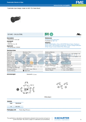 FME datasheet - Fuseholder Open Design, Holder for MSF 125, Panel Mount