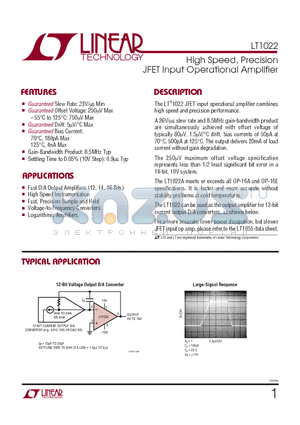 LT1022AMH datasheet - High Speed, Precision JFET Input Operational Amplifier