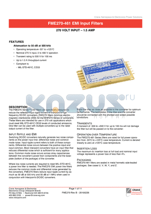 FME270-461 datasheet - Attenuation to 50 dB at 500 kHz Operating temperature -55` to 125`C