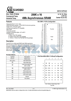 GS74116U-10 datasheet - 256K x 16 4Mb Asynchronous SRAM