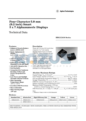 HDLU-2416 datasheet - Four Character 5.0 mm (0.2 inch) Smart 5 x 7 Alphanumeric Displays