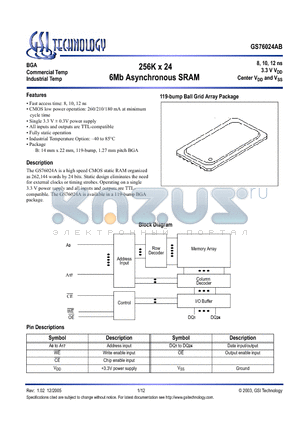 GS76024AB-10I datasheet - 256K x 24 6Mb Asynchronous SRAM