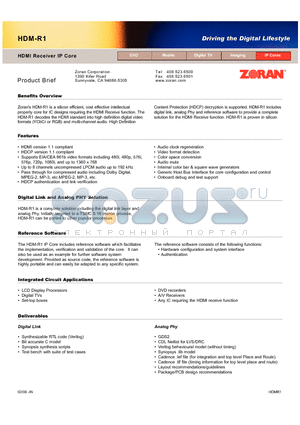 HDM-R1 datasheet - HDMI Receiver IP Core