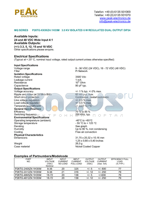 P26TG-2405Z41H35M datasheet - 3.5 KV ISOLATED 6 W REGULATED DUAL OUTPUT DIP24