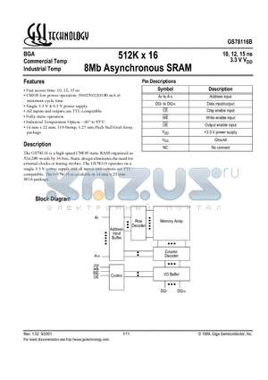 GS78116B-12 datasheet - 512K x 16 8Mb Asynchronous SRAM