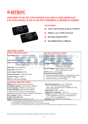 HDM08-24B-S24 datasheet - PCB-MOUNT DC-DC CONVERTER ENCAPSULATED MODULES 8 WATTS SINGLE & DUAL OUTPUT