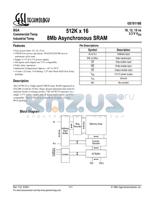 GS78116B-12I datasheet - 512K x 16 8Mb Asynchronous SRAM